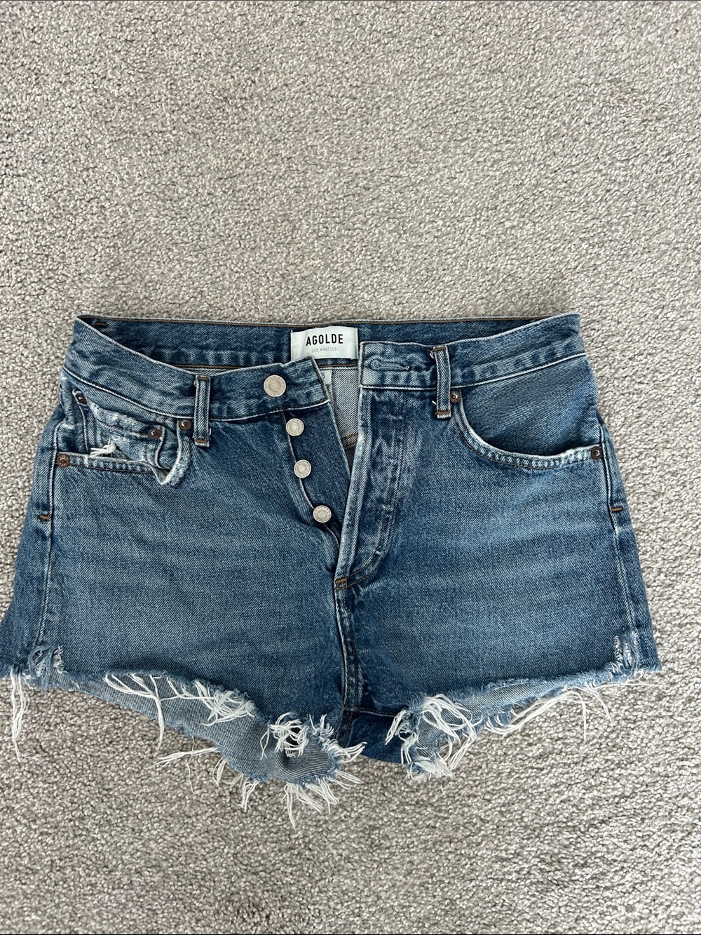 Agolde Distressed High-Rise Button-Fly Denim Shorts - Classic Blue Wash